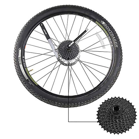 Bike Chain Whip Tool Kit Universal For Cassette And Tourney with close-up of cassette sprocket on bike wheel