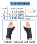 Size chart for Comfy Wrist Brace And Thumb Spica Splint For De Quervain's with images of black brace on both hands