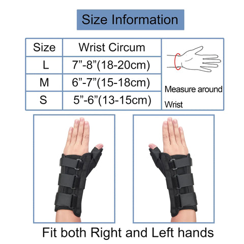 Size chart for Comfy Wrist Brace And Thumb Spica Splint For De Quervain's with images of black brace on both hands