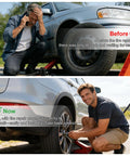 Before and after using Tire Plug Kit for Tubeless Flats, 20 Pcs Screw In Plugs in Two Sizes, showing easy flat repair.