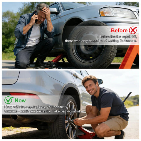 Before and after using Tire Plug Kit for Tubeless Flats, 20 Pcs Screw In Plugs in Two Sizes, showing easy flat repair.