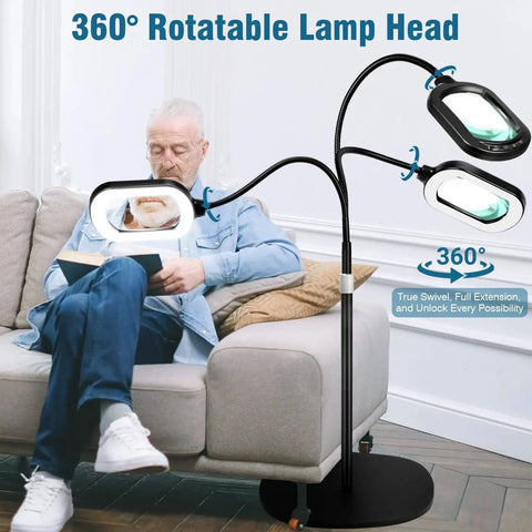 Person using 10X Optical Grade Glass Rectangular Magnifier With Light And Stand Height Adjustable Gooseneck Floor Lamp for reading