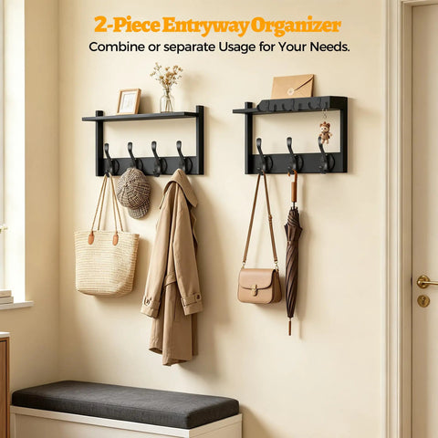 Slick Wall Mount Coat Rack With Bamboo Shelf And Heavy Duty Hooks Perfect For Effortless Entryway Organization Holds Winter Jackets Backpacks And Tote Bags Top Shelf Storage arranged with coats and bags.