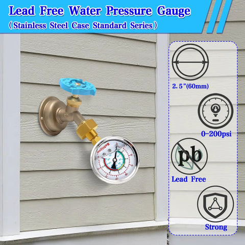 Oil Filled Water Pressure Gauge Three Quarter Inch GHT Female Thread 0 to 200 Psi Test Gauge Kit With Adapters installed outdoors.