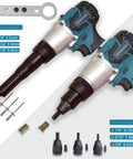 Badass Cordless 2 In 1 Rivet Nut And Pop Rivet Tool With Beefy Batteries For Fast Auto Trim Installation and Sheet Metal Fabrication, showing tool heads and fasteners.