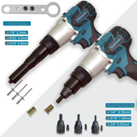 Badass Cordless 2 In 1 Rivet Nut And Pop Rivet Tool With Beefy Batteries For Fast Auto Trim Installation and Sheet Metal Fabrication, showing tool heads and fasteners.