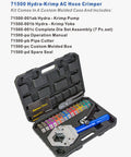 Portable Hydraulic AC Hose Crimper Kit With Snap-On Dies in case, includes crimp tool, dies, pipe cutter, and manual for AC hose repair.