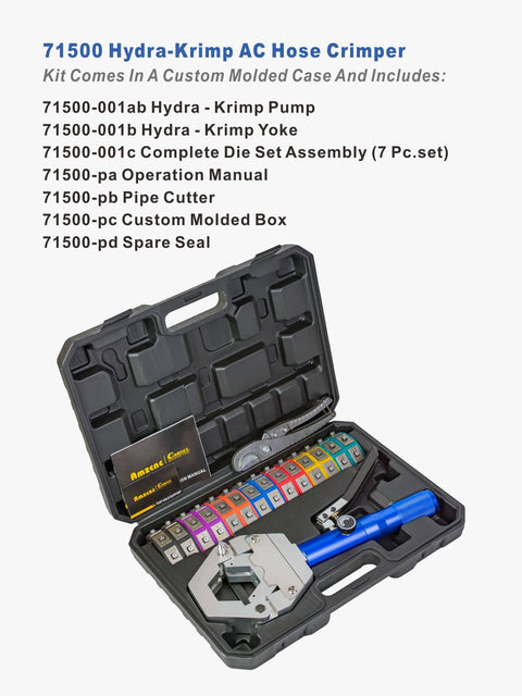 Portable Hydraulic AC Hose Crimper Kit With Snap-On Dies in case, includes crimp tool, dies, pipe cutter, and manual for AC hose repair.