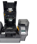 Solid Workhorse Dual-Sided ID Card Printer With Built-In Laminator And USB LAN Connectivity For Crisp CR-80 Results At 300 DPI view showing opened top, grey body, and inner mechanisms.