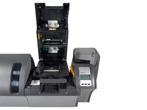 Solid Workhorse Dual-Sided ID Card Printer With Built-In Laminator And USB LAN Connectivity For Crisp CR-80 Results At 300 DPI view showing opened top, grey body, and inner mechanisms.