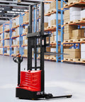 Heavy Duty Electric Pallet Stacker With 2640 Lbs Load Capacity And Adjustable Forks in warehouse, showcasing control handle and forks.