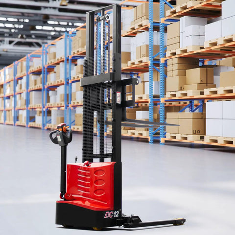 Heavy Duty Electric Pallet Stacker With 2640 Lbs Load Capacity And Adjustable Forks in warehouse, showcasing control handle and forks.