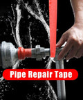 Top Notch Pipe Repair Tape That Seals Waterproof Leaks In A Flash applied on a leaking metal pipe with water splashing.