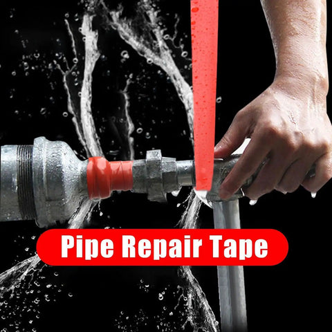 Top Notch Pipe Repair Tape That Seals Waterproof Leaks In A Flash applied on a leaking metal pipe with water splashing.