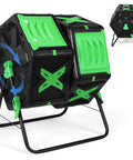 Dual Chamber 140L Outdoor Tumbling Compost Bin with black body and green accents on metal stand for garden and yard use