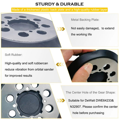 No Nonsense Replacement Heavy Duty Sanding Pad for DWE6423 with metal backing and 8 dust holes displayed with hand holding it