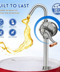 55 Gallon Drum Pump Heavy Duty Aluminum Manual Barrel Pump in use, oil flowing from spout with features highlighted