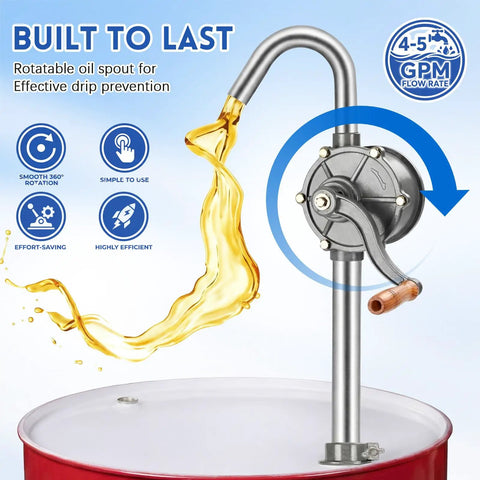 55 Gallon Drum Pump Heavy Duty Aluminum Manual Barrel Pump in use, oil flowing from spout with features highlighted