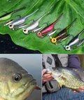 Crappie Fishing Kit With Baby Shad Soft Plastics And Spinner Jig Heads 40 Piece Crappie Panfish Lure Set displayed on leaves