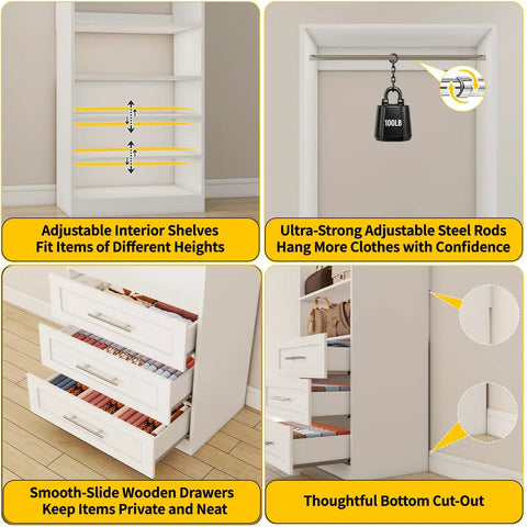 Modular Closet System With Nine Drawers And Eight Shelves For Walk In Rooms Includes Ten Hang Rods Slick Integrated Lighted Vanity Mirror And Shoe Rack total game changer for dead simple organization showcasing adjustable shelves and smooth-slide wooden drawers.