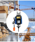Heavy Duty Electric Chain Hoist, 1100 Lb Capacity With 1800 Watt Motor, pendant and remote in workshop setting.