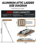 Heavy Duty Attic Ladder With 350 Lb Capacity, Fold Down Loft Stairs For Ceilings From 7 Ft 8 In To 10 Ft 3 In, 22.5 Inch By 54 Inch Opening, Non Slip Steps, Space Saving Pull Down Design For DIYers And Home Storage Access. Size diagram of aluminum attic ladder with 350 lb load capacity, 22.5 by 54 inch opening, 7ft 8in to 10ft 3in ceiling height.