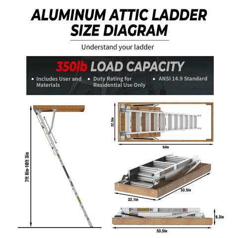 Heavy Duty Attic Ladder With 350 Lb Capacity, Fold Down Loft Stairs For Ceilings From 7 Ft 8 In To 10 Ft 3 In, 22.5 Inch By 54 Inch Opening, Non Slip Steps, Space Saving Pull Down Design For DIYers And Home Storage Access. Size diagram of aluminum attic ladder with 350 lb load capacity, 22.5 by 54 inch opening, 7ft 8in to 10ft 3in ceiling height.