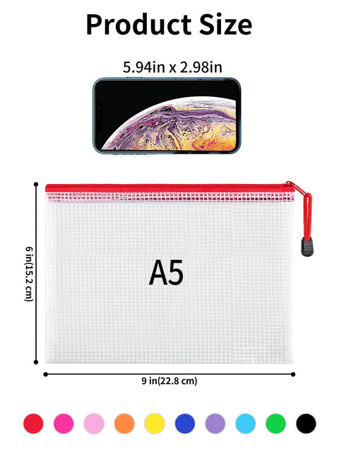 20 Pack Zipper Mesh Document Pouches Set, 6 By 9 Inch A5, Water Resistant Plastic File Bags in 10 Colors with phone size comparison