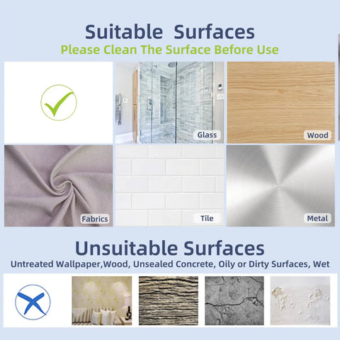 Suitable and unsuitable surfaces for Hook And Loop Self-Adhesive Tape 1 Inch By 20 Feet Black 9448A, including glass and tile.