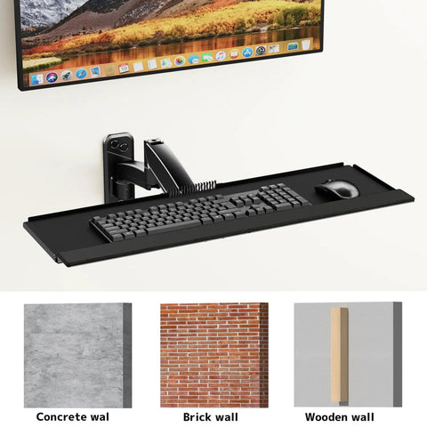 Sleek Wall Mounted Keyboard Tray 26 Inch Heavy Duty Steel Platform with Mouse Nook mounted on a black wall.