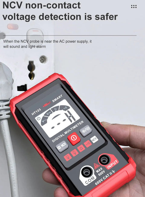 Auto Ranging Digital Multimeter With Non Contact Voltage Tester Smart Measurement And Electrical Voltmeter in hand by outlet