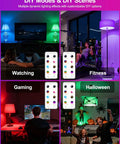 People using Alexa Ready Smart Bulb 10W 900 Lumens 2700K in various color-lit scenes like gaming and Halloween settings