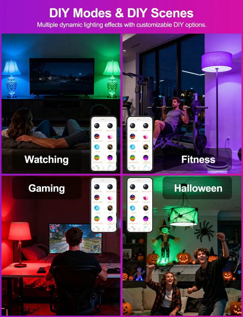 People using Alexa Ready Smart Bulb 10W 900 Lumens 2700K in various color-lit scenes like gaming and Halloween settings