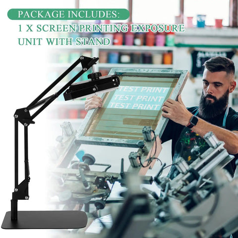 50W LED UV Screen Printing Exposure Unit with Retractable Adjustable Stand shown beside a man in a screen printing setup.