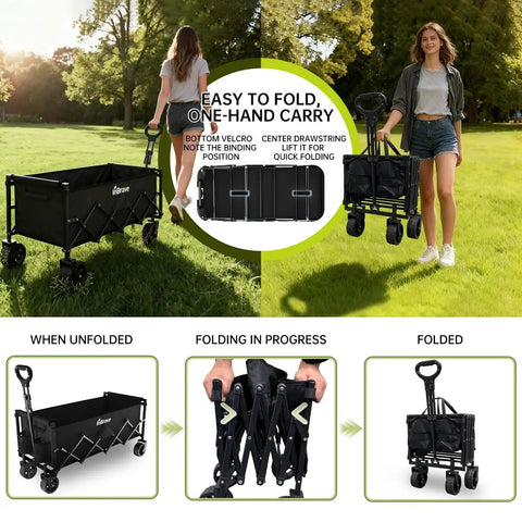 Extra Long Collapsible Utility Wagon Cart With All Terrain Wheels Heavy Duty 480 Lb Haul Capacity Foldable Grocery Cart