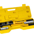 Beefy 16 Ton Hydraulic Wire Crimping Tool With 13 Die Pairs For 9 AWG To 600 MCM Copper And Aluminum Wires in yellow case