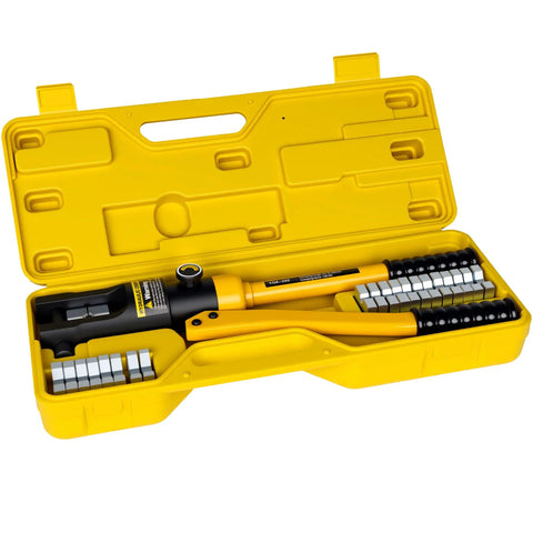 Beefy 16 Ton Hydraulic Wire Crimping Tool With 13 Die Pairs For 9 AWG To 600 MCM Copper And Aluminum Wires in yellow case
