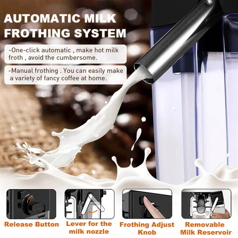 Top Shelf All In One Automatic Espresso Coffee Maker And Cappuccino Latte Brewer with Automatic Milk Frothing System and Removable Reservoir.