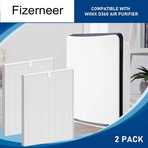 D360 True HEPA Replacement Filter For Winix D360 Air Purifier - 2 Pack in front of air purifier, white and rectangular