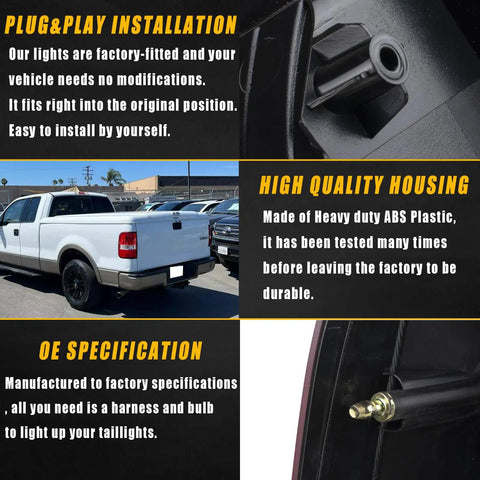 Left Driver Side Tail Light For Ford F150 2004 2005 2006 2007 2008 Replacement Rear Lamp Brake Light With Easy Plug And Play Install And Durable ABS Housing, featuring installation tips and product specifications in text overlay.