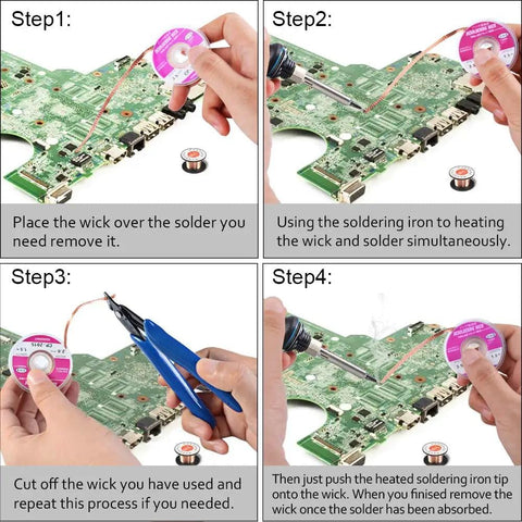 Step-by-step guide using 21 In 1 Soldering Iron Kit 90W Adjustable Temperature with desoldering pump and solder wire on circuit board.