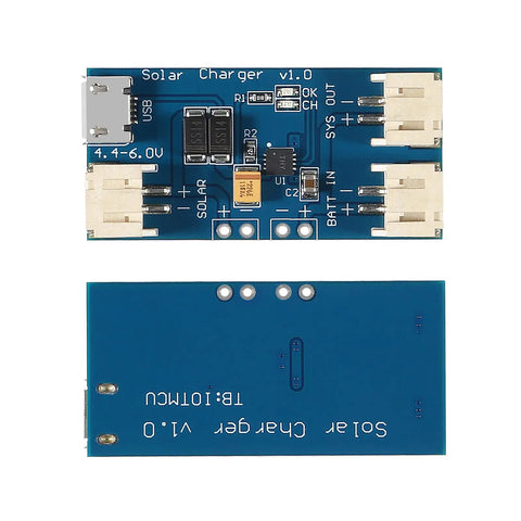 Super Slick CN3065 Mini Solar LiPo Charger Board With Micro USB Port For DIY Kits And Backyard Campouts Knockout Power Delivery Guaranteed Reliable Lithium Charging Module Six Pack, top and bottom views.