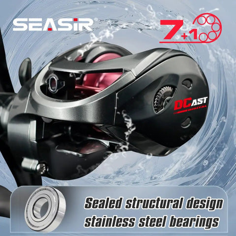 DCast Baitcaster Reel With Digital Control System Ultralight Fishing Gear, grey and red, close-up of structure and bearings.
