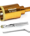DaduoRi 32mm diamond hole saw with 2 removable pilot bits; includes drill bit and hex key, gold-colored tool for tile and stone.