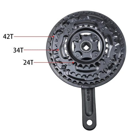 Beefy Universal Square Crank Set 42 34 24T For Mountain Bikes 170mm Arm, showing detailed triple chainrings.