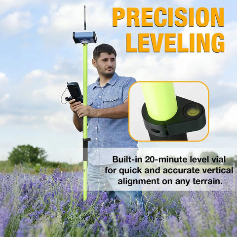 Rock Solid Aluminum Survey Pole Six Point Five Foot Long Rugged Gps Rover Rod Built Tough For RTK GNSS Measurements And Prism Attachments Standard Five Eighth Inch Thread Perfect For Field Crews Daily Hustle with built-in level vial in a field.