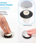 Heavy Duty Foot Operated Tub Stopper With Brushed Nickel Cap And Tight Sealing Rubber Gasket For No Hassle Toe Tap Control and super reliable leak free water blocking on all standard drains, hand activating.