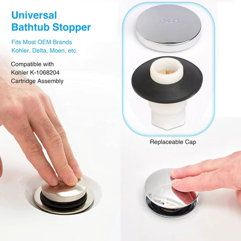 Heavy Duty Foot Operated Tub Stopper With Brushed Nickel Cap And Tight Sealing Rubber Gasket For No Hassle Toe Tap Control and super reliable leak free water blocking on all standard drains, hand activating.