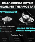 DIY Friendly Heating Element Replacement Kit For Dryers Compatible With DVE45T3200W A3 showing high limit thermostat with dimensions.