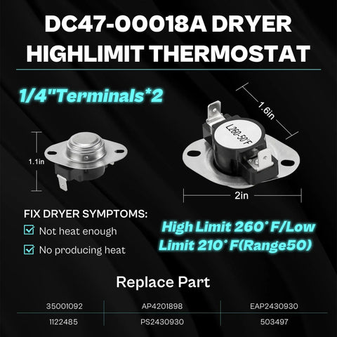 DIY Friendly Heating Element Replacement Kit For Dryers Compatible With DVE45T3200W A3 showing high limit thermostat with dimensions.